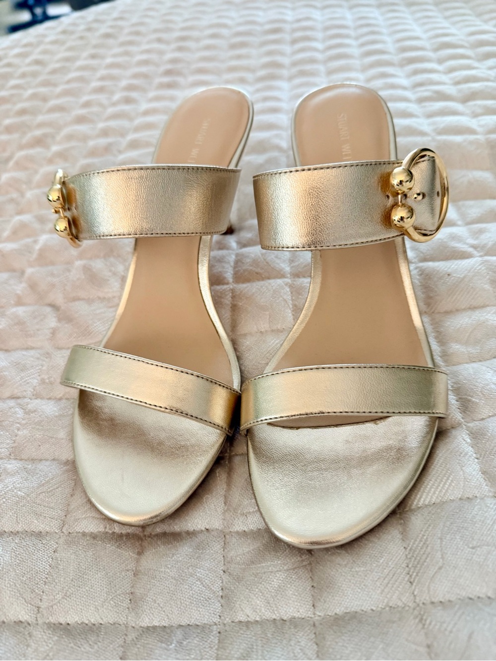 Stuart Weitzman Gold Double‑Strap Slide Sandals-Vestaire Collection